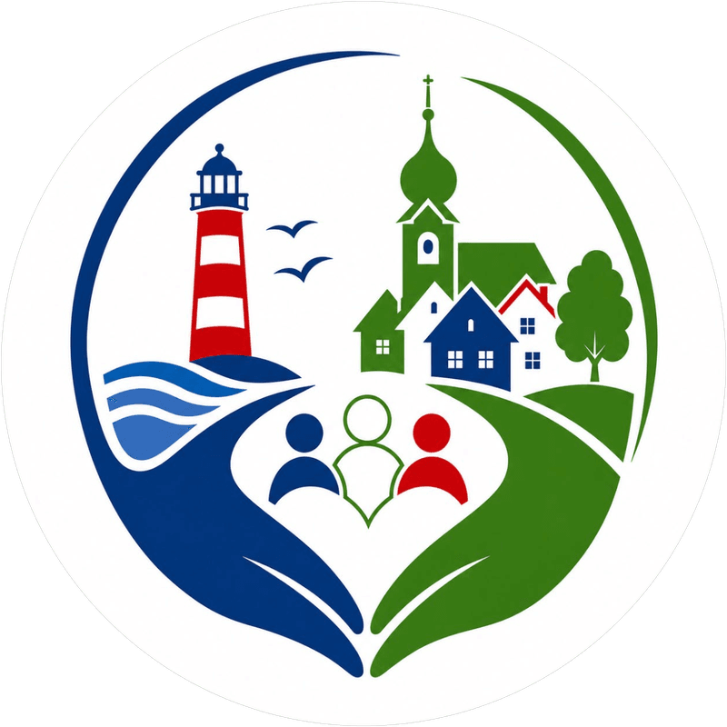 Das neue Logo der Nachbarschaftshilfe Amt Büsum Wesselburen e.V.: Leuchtturm, Kirche, Häuser und drei Menschen, getragen von zwei Händen in Blau und Grün