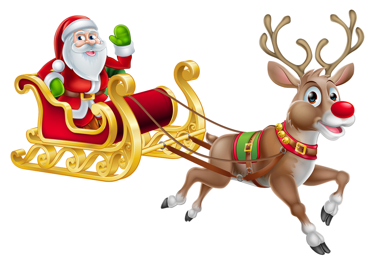 Ein winkender Weihnachtsmann auf seinem von einem Rentier gezogenen Schlitten.