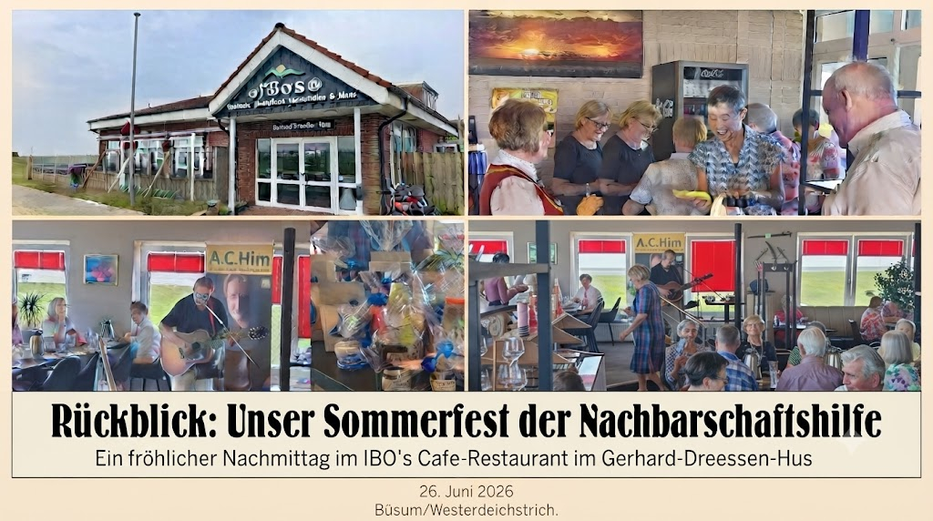 4 Bilder, die  IBO‘s Café-Restaurant im Gerhard-Dreessen-Hus zunächst vo außen zeigen, dann von innen - mit fröhlichen Menschen sowie A.C.Him mit seiner Gitarre am Mikrophon.